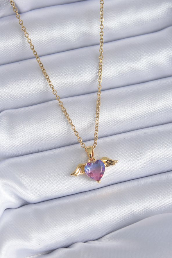 316L Çelik Gold Renk Kristal Kanatlı Kalp Model Kadın Kolye ürün görseli