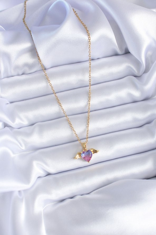 316L Çelik Gold Renk Kristal Kanatlı Kalp Model Kadın Kolye - Resim 2