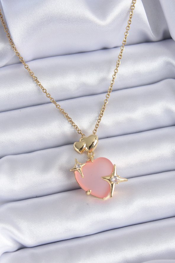 316L Çelik Gold Renk Kalp Model Zirkon Taşlı Kutup Yıldız Detay Kadın Kolye ürün görseli