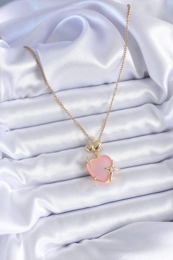 316L Çelik Gold Renk Kalp Model Zirkon Taşlı Kutup Yıldız Detay Kadın Kolye - Resim 2