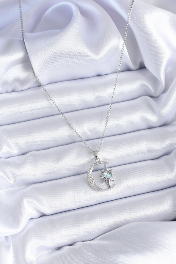 316L Çelik Gümüş Renk Zirkon Taşlı Ay Yıldız Model Kadın Kolye - Resim 2