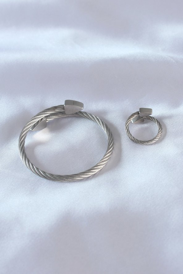 Çelik Gümüş Renk Burgu Model Erkek Bileklik Yüzük Seti - Resim 2