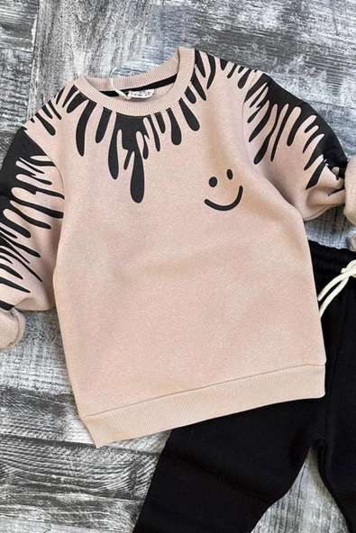Erkek Çocuk Smile Baskılı Şardonlu Bej Eşofman Takım - 2