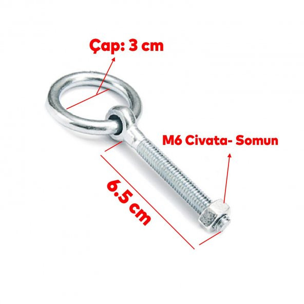 Halkalı Metal Paslanmaz Civata M6 Somunlu Sabitleme Çekme Kaldırma Tavan Kancası Asma Kit - 2