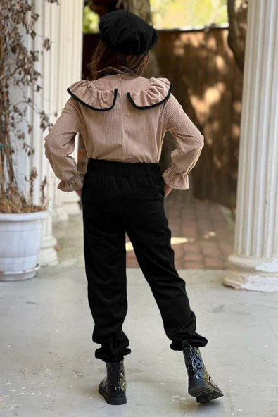 Kız Çocuk Yakası Fiyonk ve Omzu Fırfır Detaylı Sırtı Fermuarlı Siyah Kadife Alt Üst Takım - Resim 2