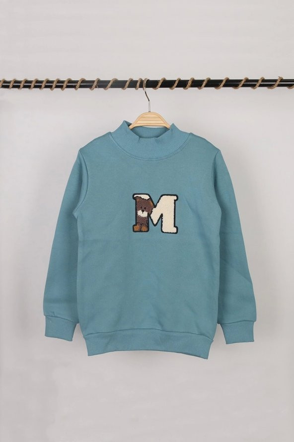 Unisex Çocuk Dik Yaka M Nakışlı Mavi Basic Sweatshirt