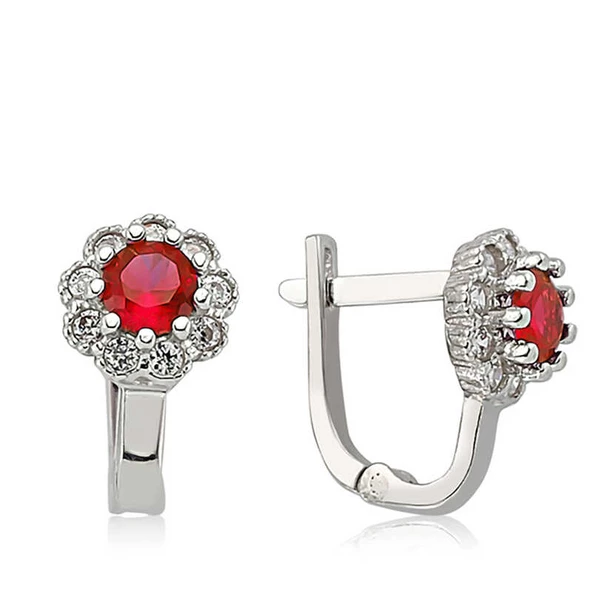 Gümüş Kırmızı Çiçek Desenli Yuvarlak J Kadın Küpe SL5750 - Resim 2
