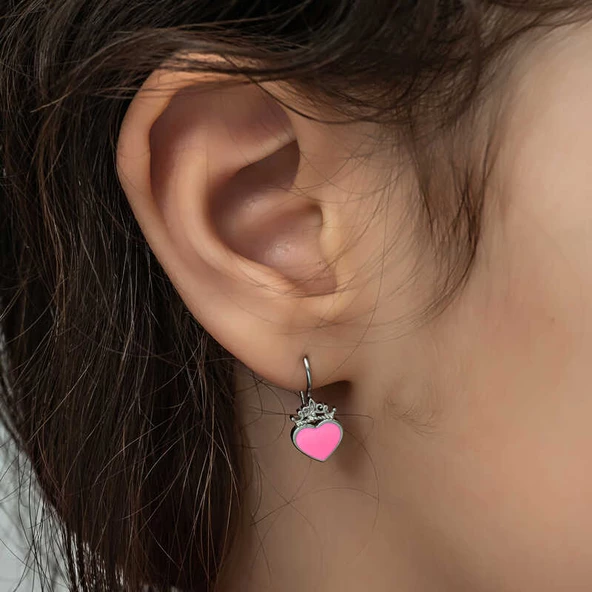 Gümüş Pembe Kalp Sallantılı Çocuk Küpe SL5764 - Resim 4