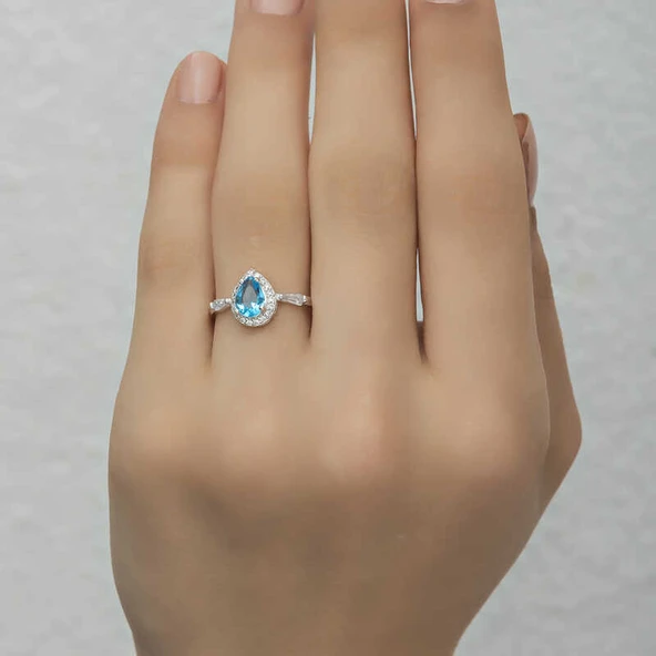 Gümüş Turkuaz Damla Taşlı Kadın Yüzük SL4444 - Resim 10