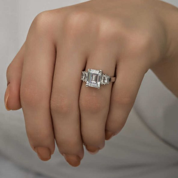 Gümüş Beyaz Baget Taşlı Bayan Yüzük SL4460 - Resim 2