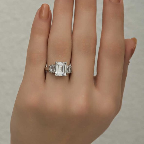 Gümüş Beyaz Baget Taşlı Bayan Yüzük SL4460 - Resim 4