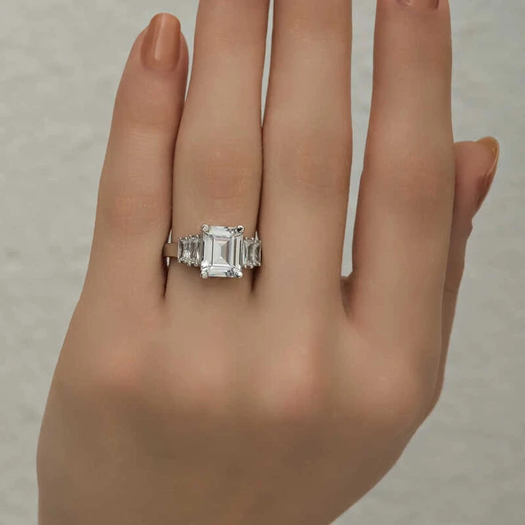 Gümüş Beyaz Baget Taşlı Bayan Yüzük SL4460 - Resim 8