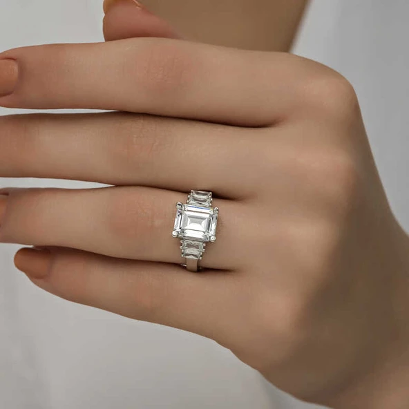 Gümüş Beyaz Baget Taşlı Bayan Yüzük SL4460 - Resim 7