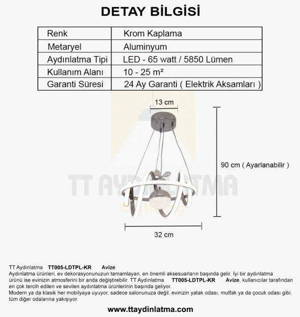 TT Aydınlatma TT005-LDTPL-KR  Burgu Modeli Krom Kaplama Ledli Toplu 3 Renk Modüllü Ledli Avize - Resim 3