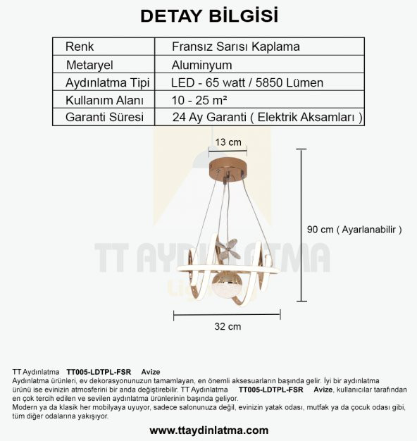 TT Aydınlatma TT005-LDTPL-FSR  Burgu Modeli Fransız Sarısı Kaplama Ledli Toplu 3 Renk Modüllü Ledli A - 4
