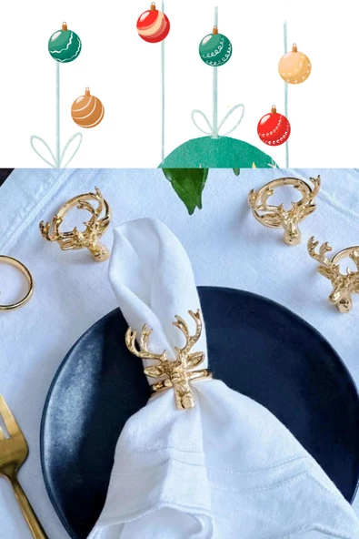 6 Adet Lux Gümüş Geyikli Peçete Halkası - Napkin Ring - Yılbaşı Süsü - 6