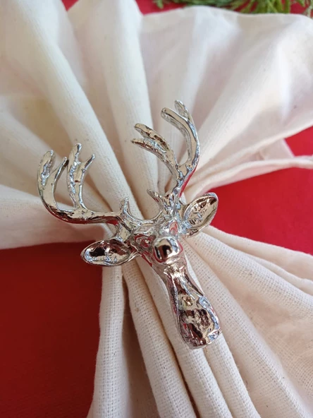 6 Adet Lux Gümüş Geyikli Peçete Halkası - Napkin Ring - Yılbaşı Süsü - 5