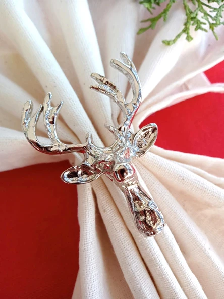 6 Adet Lux Gümüş Geyikli Peçete Halkası - Napkin Ring - Yılbaşı Süsü - 2