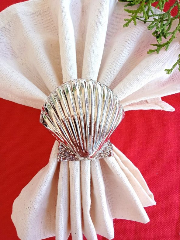 6 Adet Gümüş Deniz Kabuğu Metal Peçete Halkası  - Napkin Ring - 4