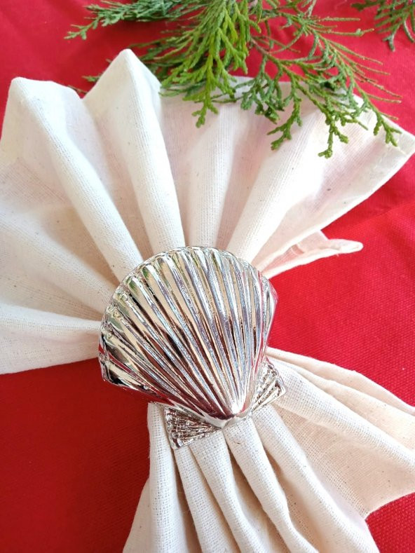6 Adet Gümüş Deniz Kabuğu Metal Peçete Halkası  - Napkin Ring - 6