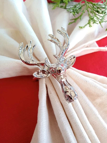 6 Adet Lux Gümüş Geyikli Peçete Halkası - Napkin Ring - Yılbaşı Süsü