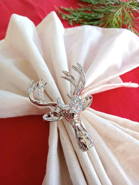 6 Adet Lux Gümüş Geyikli Peçete Halkası - Napkin Ring - Yılbaşı Süsü - 4