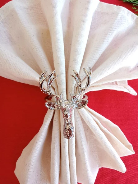 6 Adet Lux Gümüş Geyikli Peçete Halkası - Napkin Ring - Yılbaşı Süsü - 3