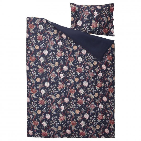 Tek Kişilik Nevresim Takımı, Çiçek Desenli MeridyenDukkan Saten Görünümlü 150x200 Koyu Mavi-Çarşafsız Takım - 2