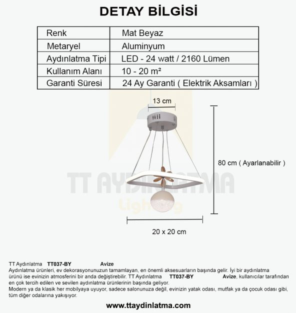 TT Aydınlatma TT037-BY  Kare Model Mat Beyaz Tek Toplu 3 Renk Modüllü Ledli Avize - 4