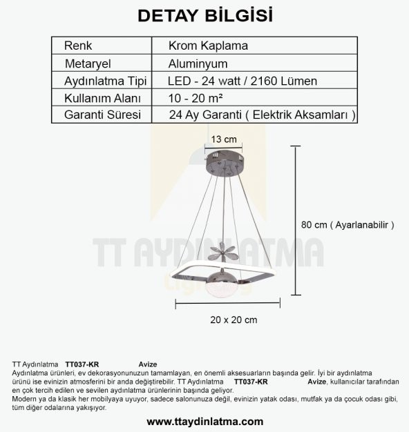 TT Aydınlatma TT037-KR  Kare Model Krom Kaplama Tek Toplu 3 Renk Modüllü Ledli Avize - 4