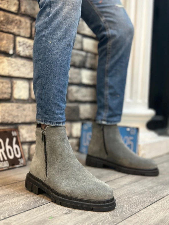 BA0315 İçi Dışı Hakiki Deri Süet Füme Çift Fermuarlı Erkek Yarım Bilek Bot ürün görseli 1