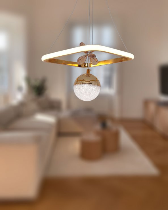 TT Aydınlatma TT037-SR  Kare Model Sarı Kaplama Tek Toplu 3 Renk Modüllü Ledli Avize - Resim 2