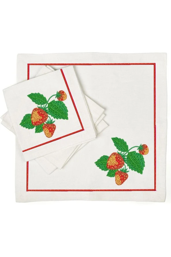 İthal Keten Çilek Nakışlı 4'lü Kumaş Peçete - 2