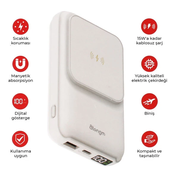 Magsafe Powerbank - 10.000 mAh 20W - Type-C/lighting Kablolu ve Kablosuz Taşınabilir Şarj Cihazı