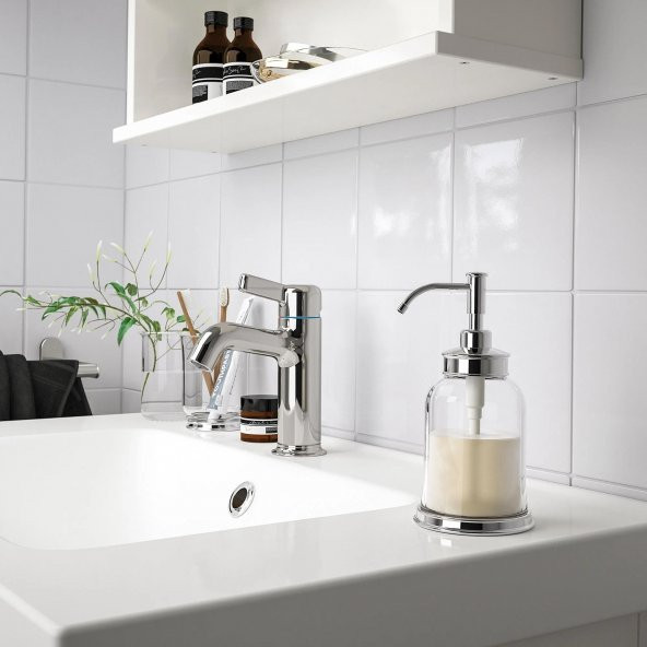 2 Parça Cam Banyo Seti 300 ml Krom Kaplama Şeffaf Sıvı Sabunluk-Diş Fırçalık Seti Modern-Sade Banyo Set 2 Parça - 5