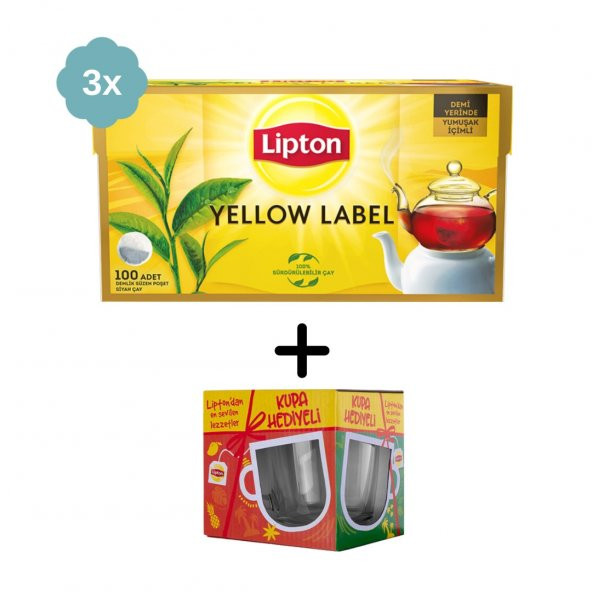 Lipton Yellow Label Demlik Çay 100lü x 3 Adet + Hediye Lipton Cam Kupa