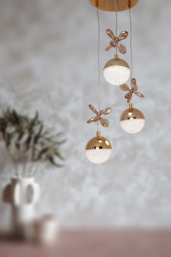 TT Aydınlatma TT033-3-SR  Kelebek Toplu Model Sarı Kaplama 3 lü 3 Renk Modüllü Ledli Avize - Resim 2