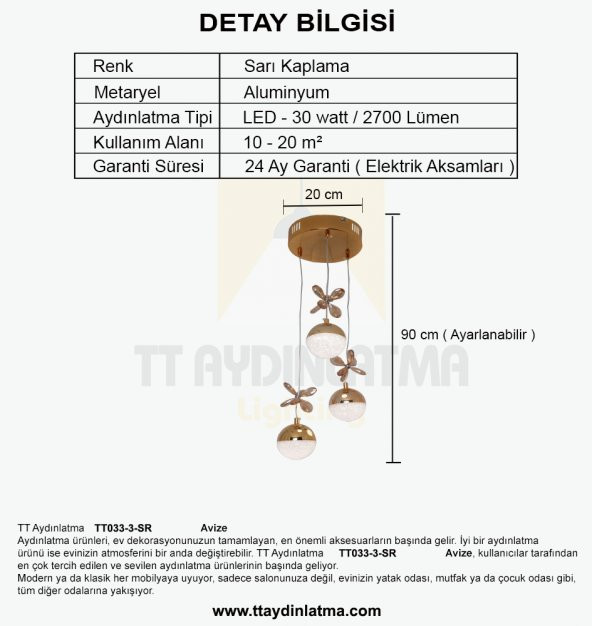 TT Aydınlatma TT033-3-SR  Kelebek Toplu Model Sarı Kaplama 3 lü 3 Renk Modüllü Ledli Avize - Resim 3