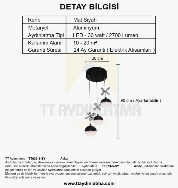TT Aydınlatma TT033-3-SY  Kelebek Toplu Model Mat Siyah 3 lü 3 Renk Modüllü Ledli Avize - 4