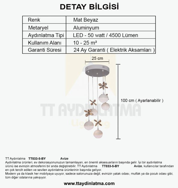 TT Aydınlatma TT033-5-BY  Kelebek Toplu Model Mat Beyaz 5 li 3 Renk Modüllü Ledli Avize - Resim 4