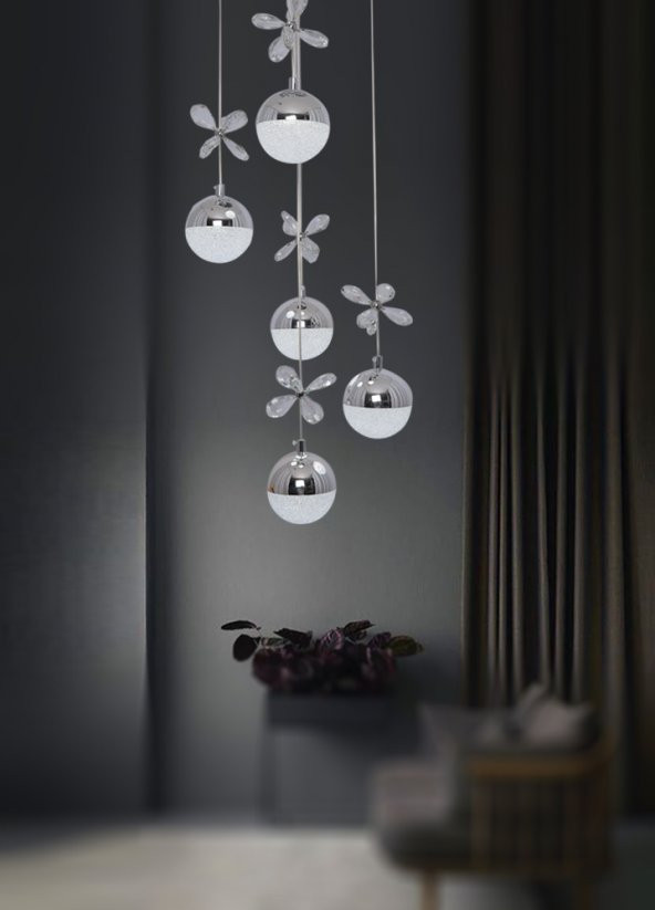 TT Aydınlatma TT033-5-KR  Kelebek Toplu Model Krom Kaplama 5 li 3 Renk Modüllü Ledli Avize - Resim 3