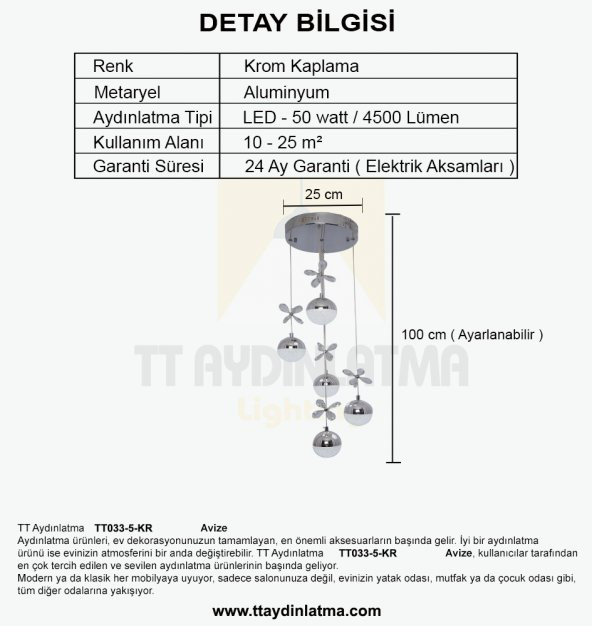 TT Aydınlatma TT033-5-KR  Kelebek Toplu Model Krom Kaplama 5 li 3 Renk Modüllü Ledli Avize - Resim 4
