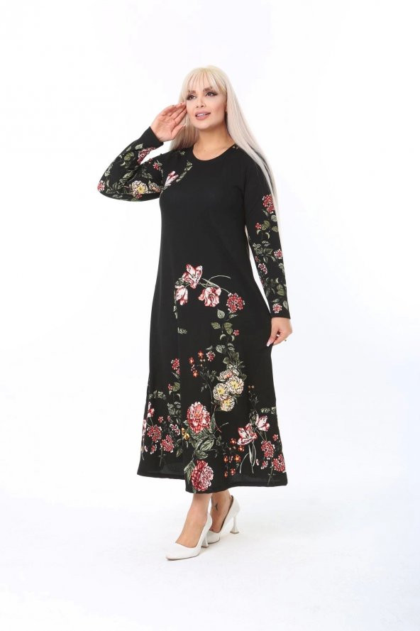 Bella Notte Siyah çiçek Baskılı Battal Beden örme Krep Uzun Maxi Boy Elbise BN-49334