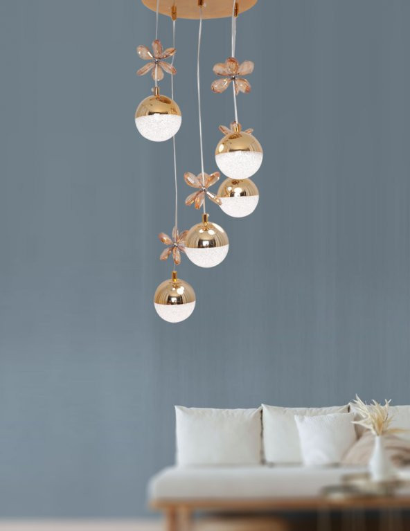 TT Aydınlatma TT033-5-SR  Kelebek Toplu Model Sarı Kaplama 5 li 3 Renk Modüllü Ledli Avize - Resim 3