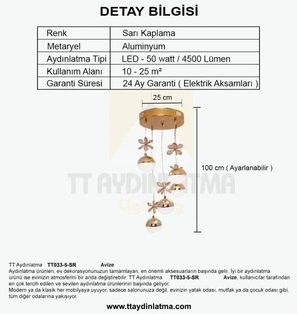 TT Aydınlatma TT033-5-SR  Kelebek Toplu Model Sarı Kaplama 5 li 3 Renk Modüllü Ledli Avize - Resim 4