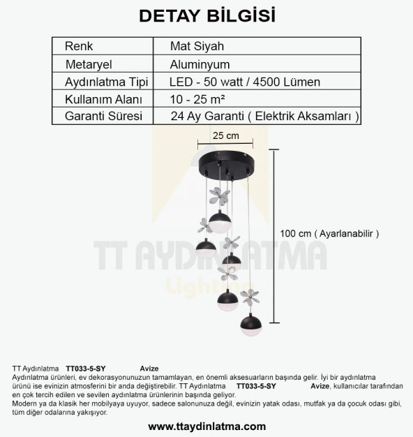 TT Aydınlatma TT033-5-SY  Kelebek Toplu Model Mat Siyah 5 li 3 Renk Modüllü Ledli Avize - 4