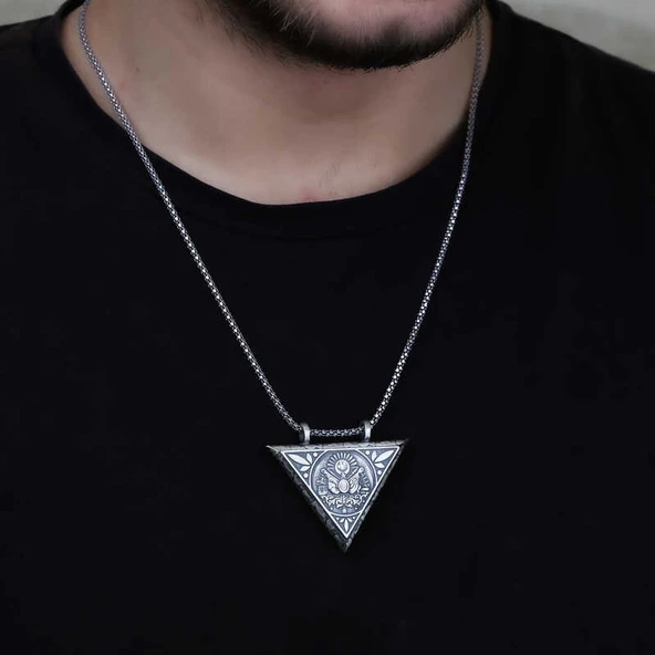 Gümüş Üçgen İçi Açılabilen Osmanlı Arma Muskalık Kolye  SL4308 - Resim 2