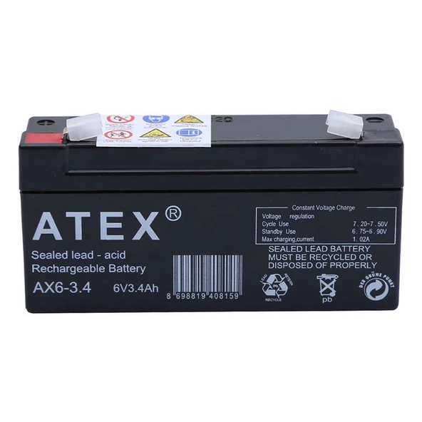 Atex Ax6-3.4 6 Volt - 3.4 Amper Yatık Akü 12.5x6x3cm - 2