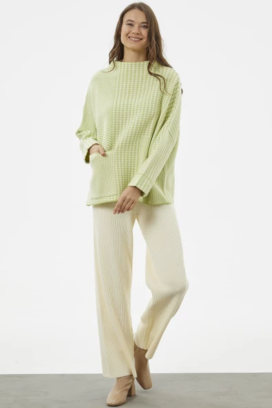 Çok Geniş Kalıp Kazayağı Desen Triko Kazak - Yeşil - Resim 2