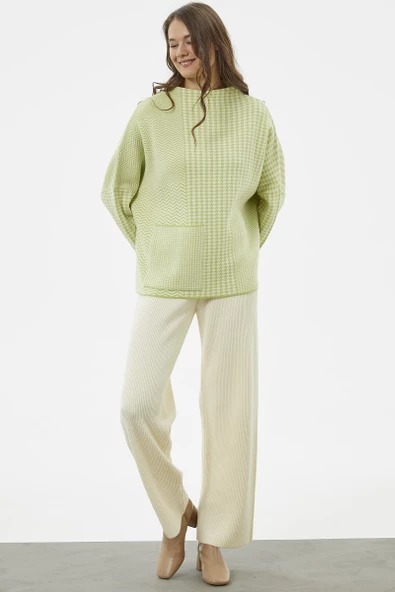 Çok Geniş Kalıp Kazayağı Desen Triko Kazak - Yeşil - Resim 3